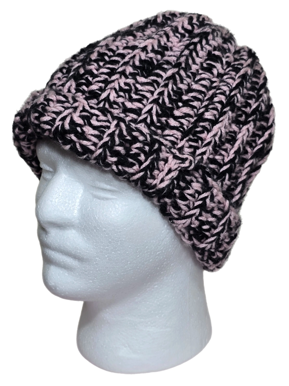 Handmade Crochet Beanie One Size Pink Black Chunky Knit Fold Over Winter Hat